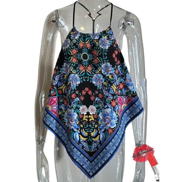 OLM Tops - OLM Halter Top Womens Large Handkerchief Hem Floral Print Psychedelic‎